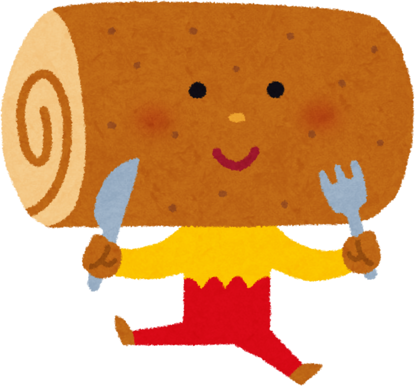 Character Illustration of a Smiling Roll Cake with a Fork and Knife